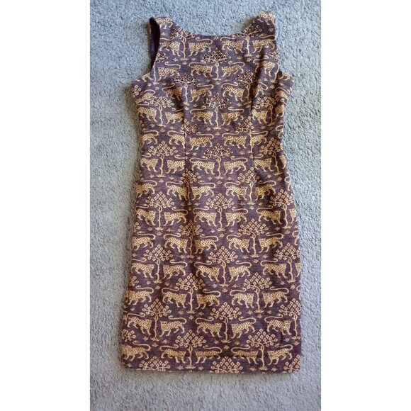 Maggie London VTG sheath jacquard dress Sz 4 brown gold  leopard print cotton - Picture 1 of 6